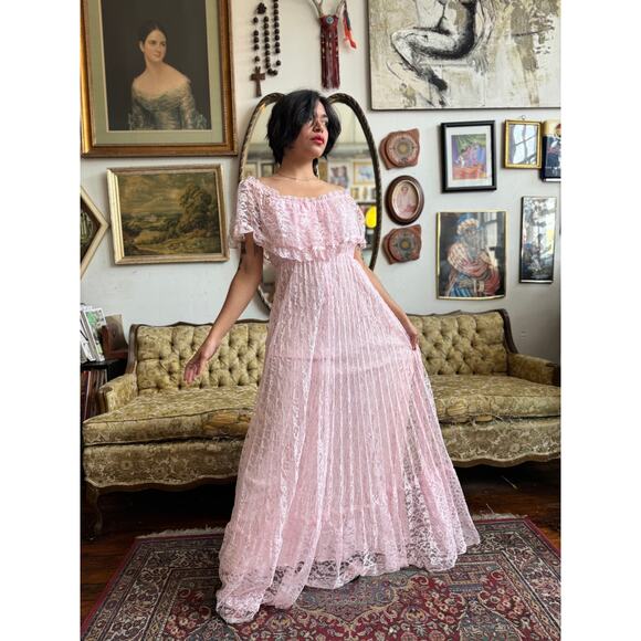 80s Pink Lace Off the Shoulder Floral Maxi Dress Size Small by Witch and Wolf - Picture 1 of 14